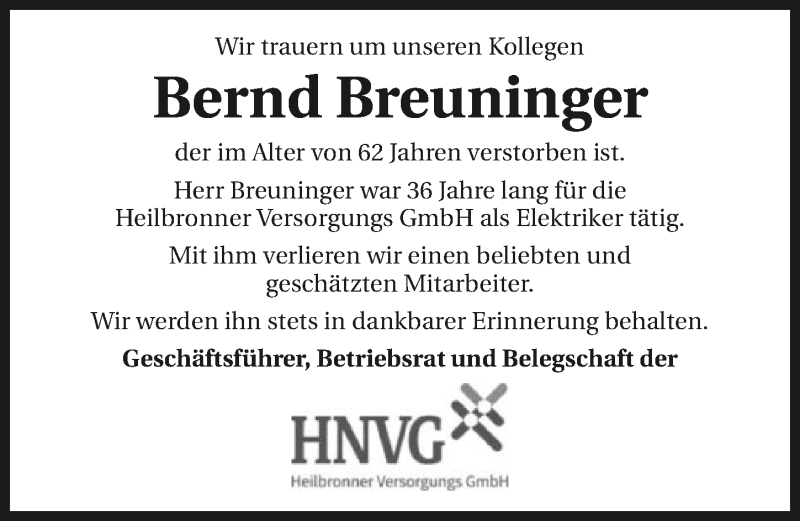  Traueranzeige für Bernd Breuninger vom 19.05.2020 aus 