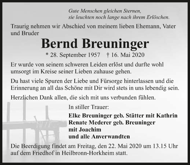  Traueranzeige für Bernd Breuninger vom 19.05.2020 aus 