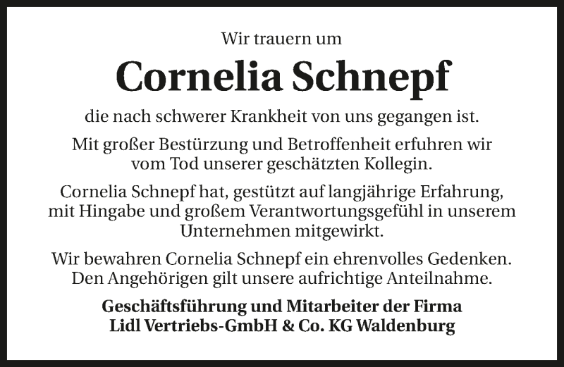  Traueranzeige für Cornelia Schnepf vom 23.05.2020 aus 