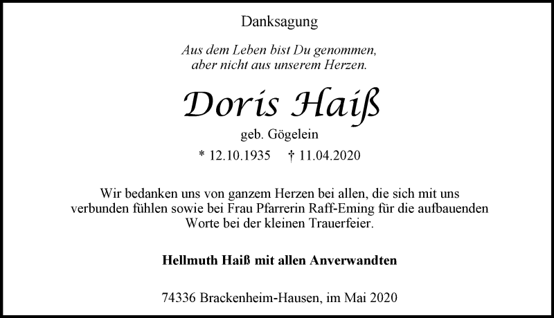  Traueranzeige für Doris Haiß vom 02.05.2020 aus 