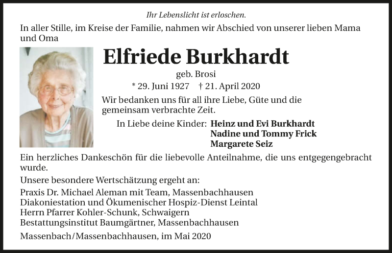  Traueranzeige für Elfriede Burkhardt vom 16.05.2020 aus 