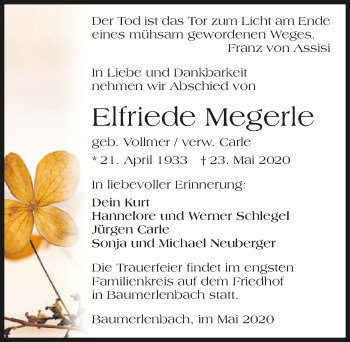 Traueranzeige von Elfriede Megerle 