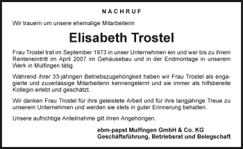 Traueranzeige von Elisabeth Trostel 