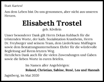 Traueranzeige von Elisabeth Trostel 