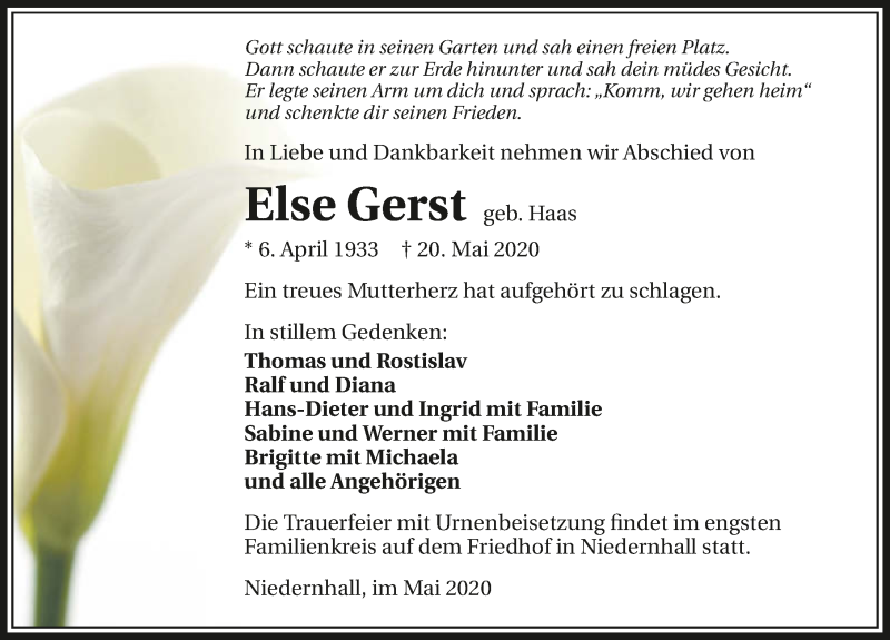  Traueranzeige für Else Gerst vom 23.05.2020 aus 