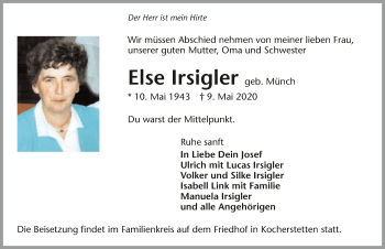Traueranzeige von Else Irsigler 