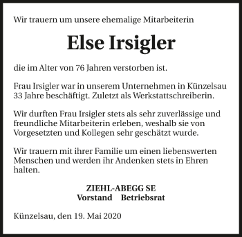 Traueranzeige von Else Irsigler 