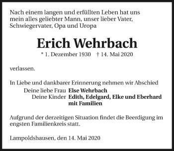 Traueranzeige von Erich Wehrbach 