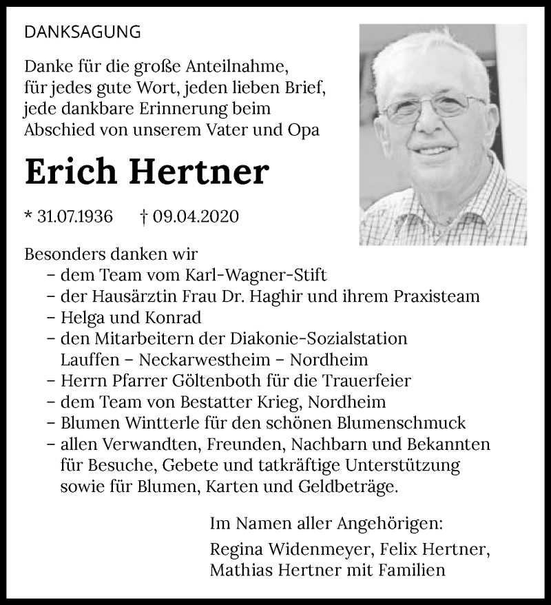  Traueranzeige für Erich Hertner Hertner vom 09.05.2020 aus 
