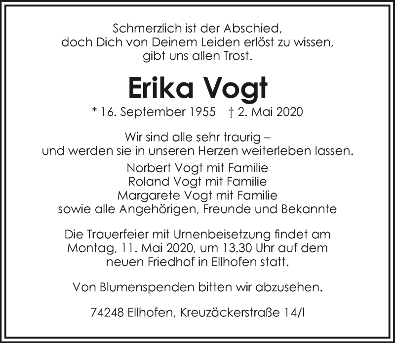  Traueranzeige für Erika Vogt vom 06.05.2020 aus 
