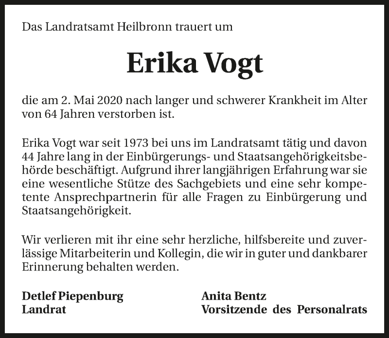  Traueranzeige für Erika Vogt vom 06.05.2020 aus 