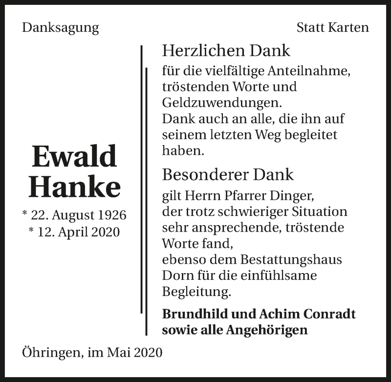  Traueranzeige für Ewald Hanke vom 16.05.2020 aus 