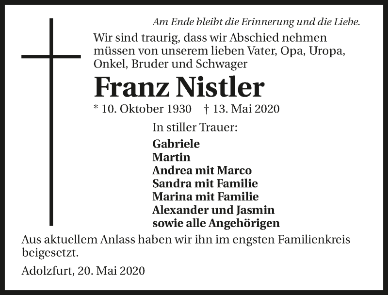  Traueranzeige für Franz Nistler vom 20.05.2020 aus 