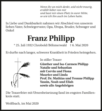 Traueranzeige von Franz Philipp 