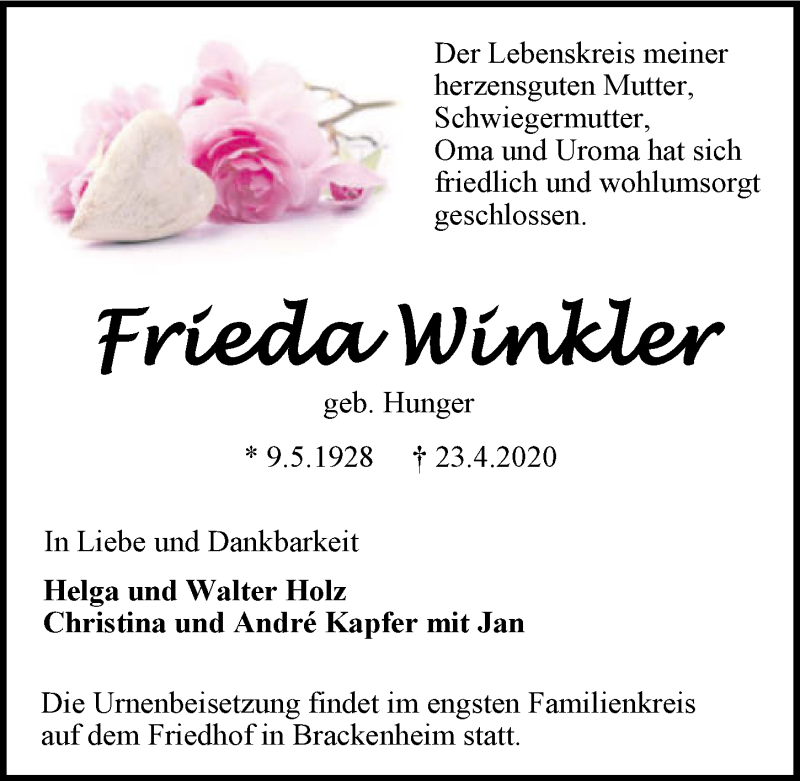  Traueranzeige für Frieda Winkler vom 02.05.2020 aus 
