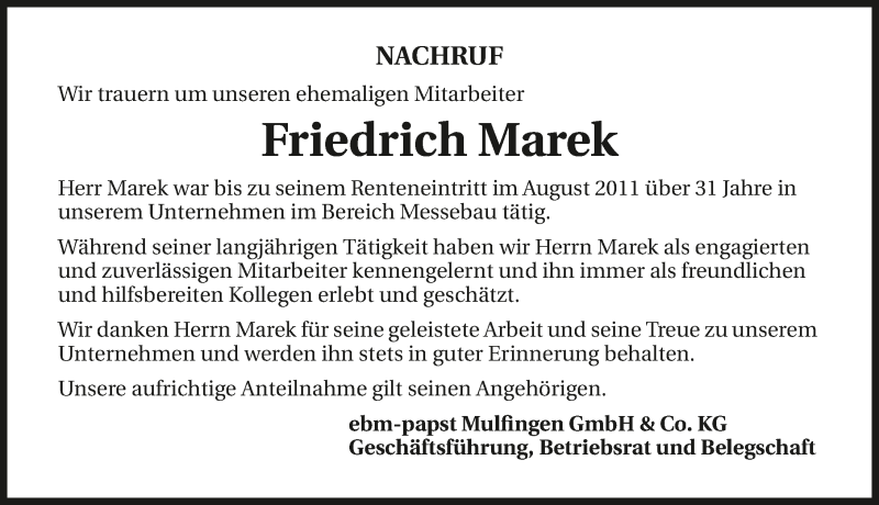  Traueranzeige für Friedrich Marek vom 22.05.2020 aus 