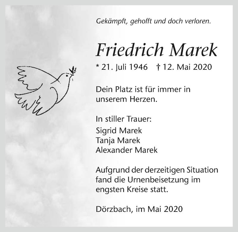  Traueranzeige für Friedrich Marek vom 22.05.2020 aus 