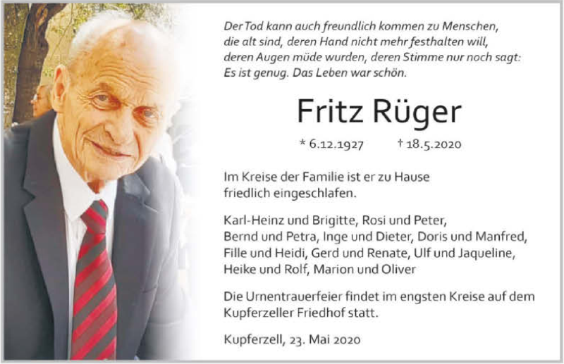  Traueranzeige für Fritz Rüger vom 23.05.2020 aus 