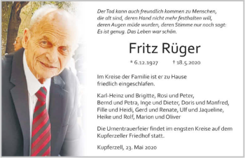 Traueranzeige von Fritz Rüger 