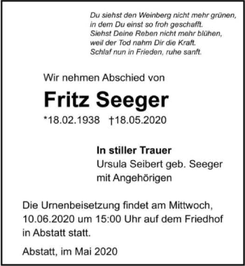 Traueranzeige von Fritz Seeger 
