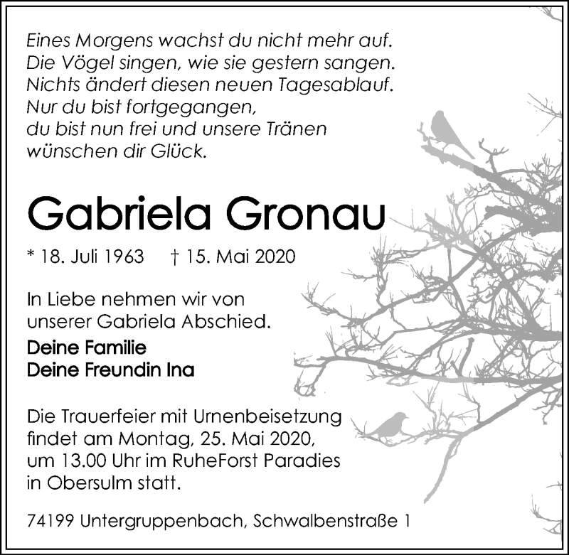  Traueranzeige für Gabriela Gronau vom 20.05.2020 aus 