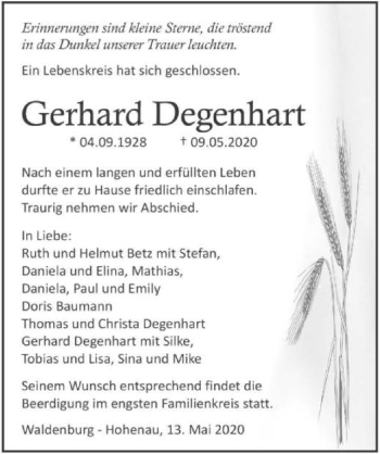 Traueranzeige von Gerhard Degenhart 