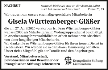 Traueranzeige von Gisela Württemberger-Gläser 
