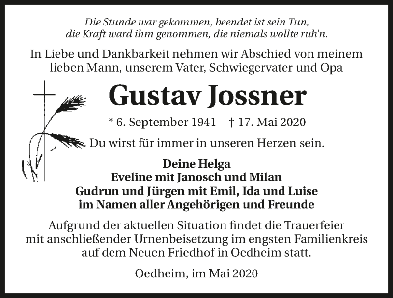  Traueranzeige für Gustav Jossner vom 30.05.2020 aus 