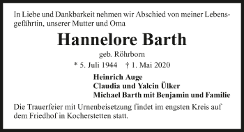 Traueranzeige von Hannelore Barth 
