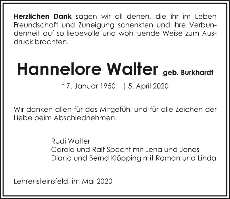  Traueranzeige für Hannelore Walter vom 02.05.2020 aus 