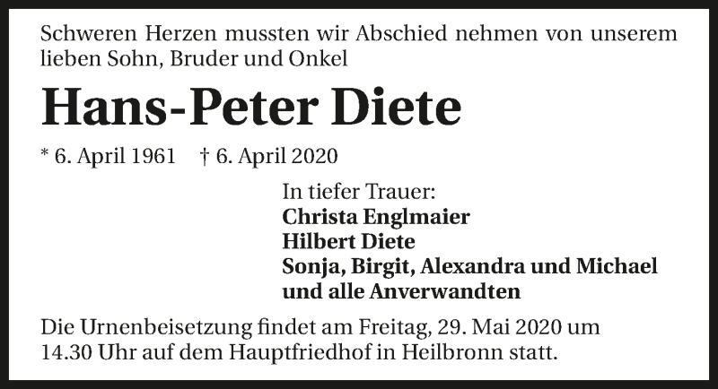  Traueranzeige für Hans-Peter Diete vom 23.05.2020 aus 
