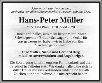 Traueranzeige von Hans-Peter Müller 
