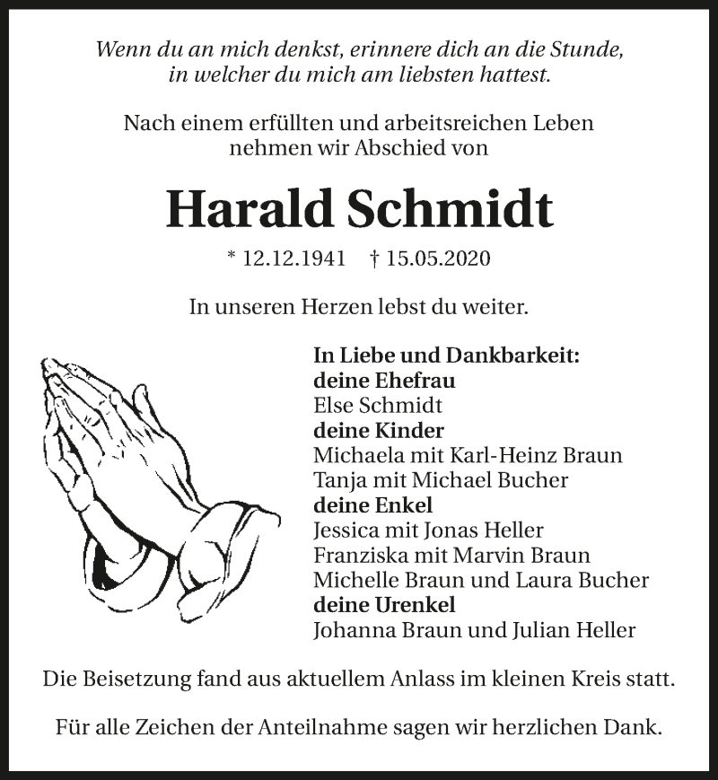  Traueranzeige für Harald Schmidt vom 23.05.2020 aus 