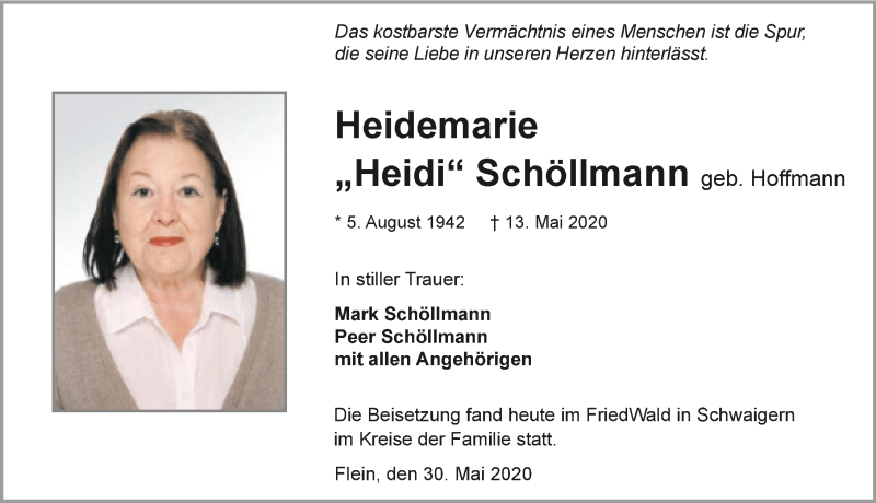  Traueranzeige für Heidemarie Schöllmann vom 30.05.2020 aus 