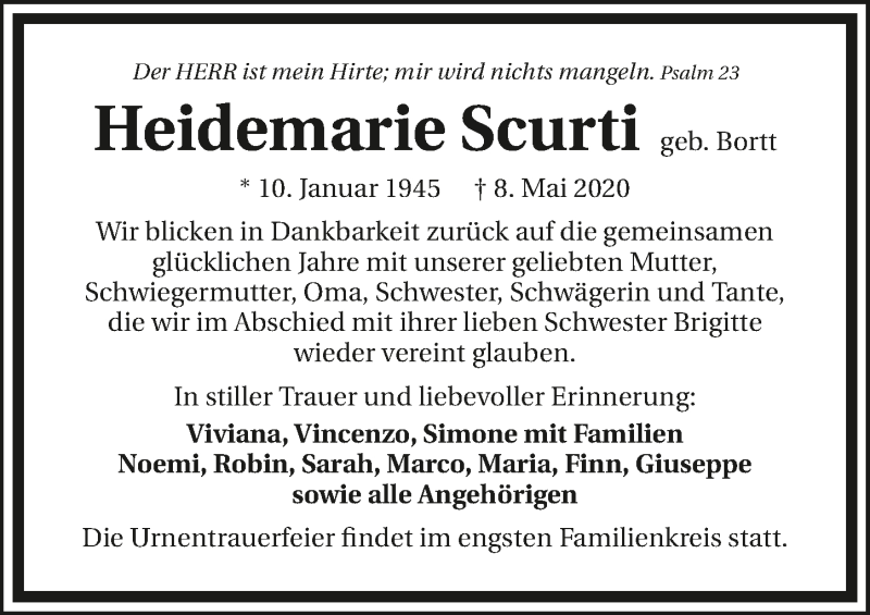  Traueranzeige für Heidemarie Scurti vom 13.05.2020 aus 