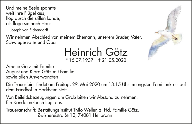 Traueranzeige für Heinrich Götz vom 26.05.2020 aus 