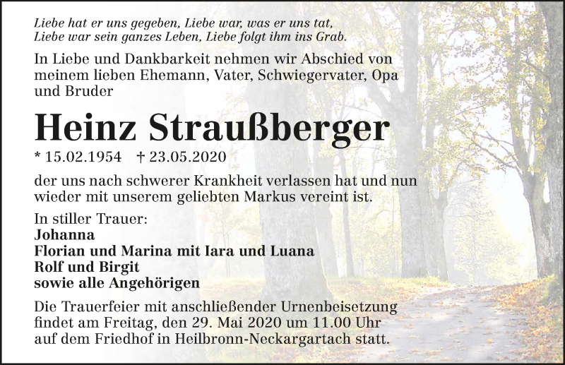  Traueranzeige für Heinz Straußberger vom 26.05.2020 aus 