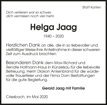 Traueranzeige von Helga Jaag 