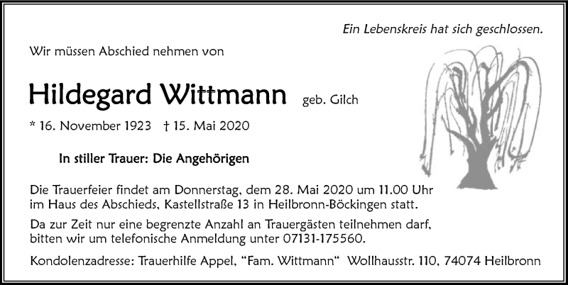  Traueranzeige für Hildegard Wittmann vom 23.05.2020 aus 