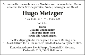 Traueranzeige von Hugo Metzger 