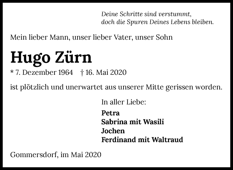  Traueranzeige für Hugo Zürn vom 20.05.2020 aus 