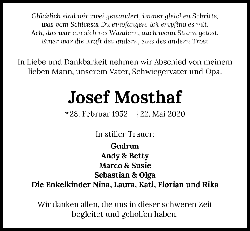  Traueranzeige für Josef Mosthaf vom 23.05.2020 aus 