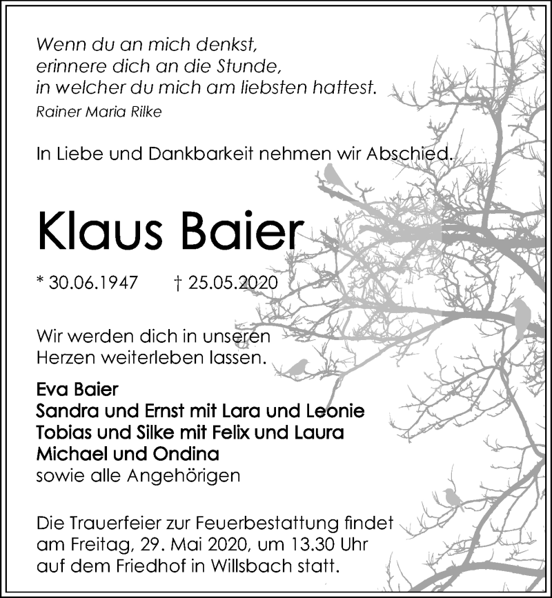  Traueranzeige für Klaus Baier vom 27.05.2020 aus 
