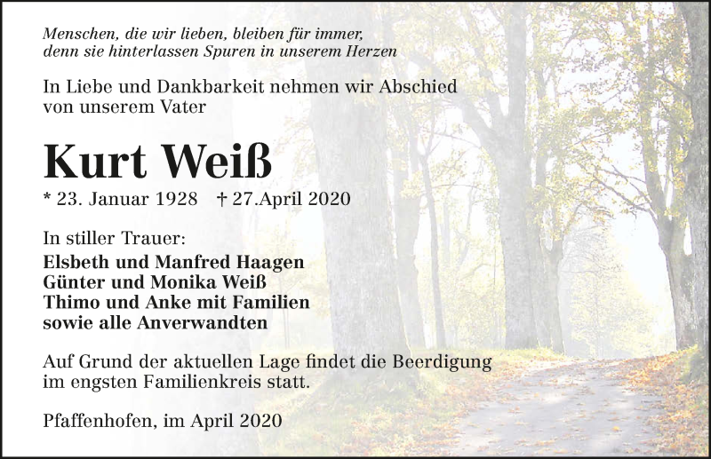  Traueranzeige für Kurt Weiß vom 04.05.2020 aus 
