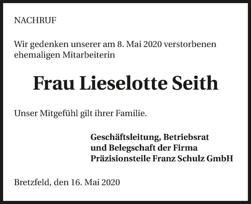  Traueranzeige für Lieselotte Seith vom 16.05.2020 aus 