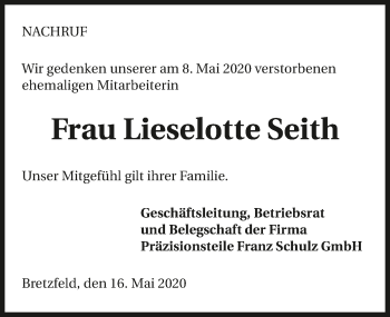 Traueranzeige von Lieselotte Seith 