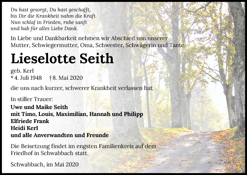  Traueranzeige für Lieselotte Seith vom 15.05.2020 aus 