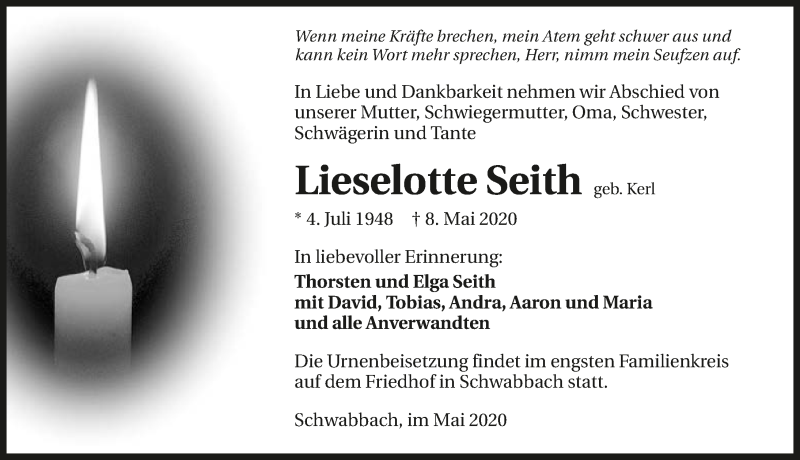  Traueranzeige für Lieselotte Seith vom 16.05.2020 aus 
