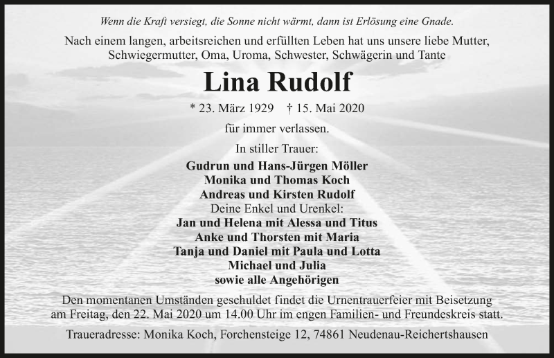  Traueranzeige für Lina Rudolf vom 19.05.2020 aus 