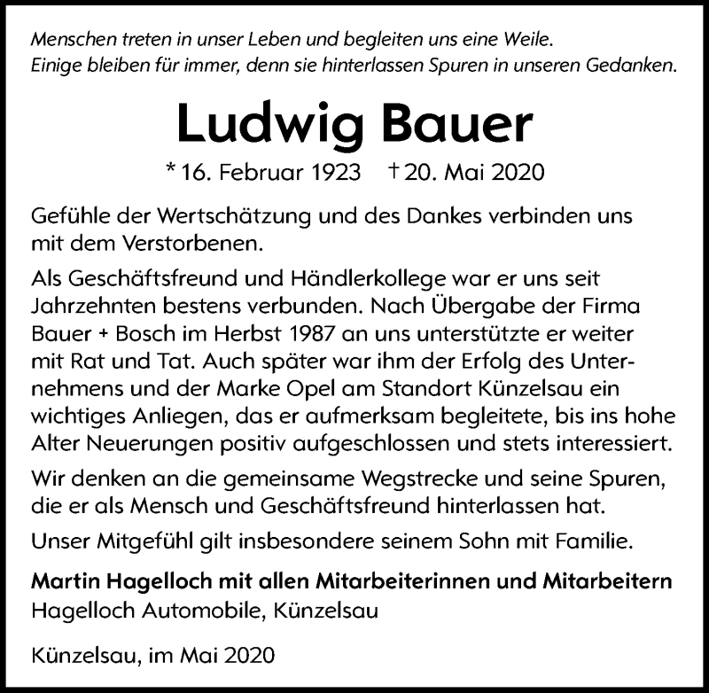  Traueranzeige für Ludwig Bauer vom 27.05.2020 aus 